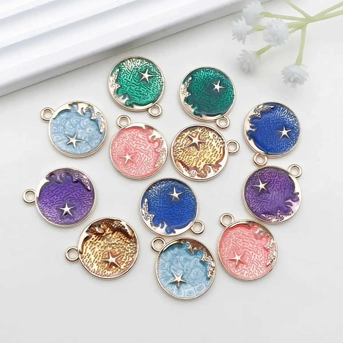 10/12PCs/Lot 6 Colors Moon & Star & Universe Theme Golden Edged char Links Pendant Connectors For DIY Jewelry Making Y2K Charms