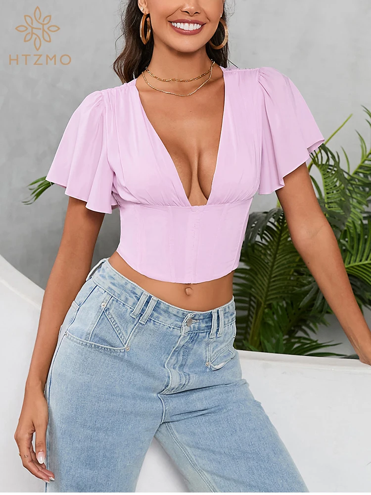 

HTZMO Solid Chiffon Ruffle Sleeves Top Women Summer Sexy V Neck High Waist Ruched Boned Bodycon Blouses Fashion Female Crop Tops