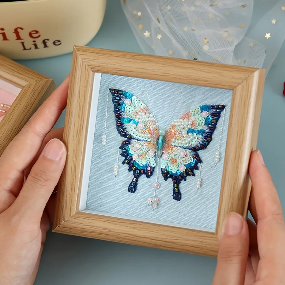 Französische 3D-Stickerei, DIY-Material-Set, handgefertigter Perlen-Schmetterlings-Bilderrahmen, Urlaubsgeschenke für Freunde