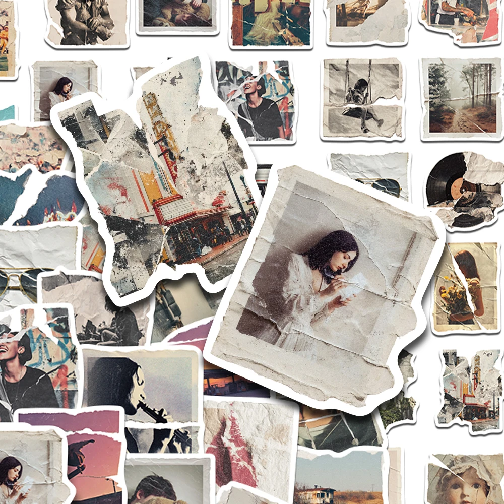 50pcs Retro Torn Photo Stickers Decals For Laptop Scrapbook Suitcase Refrigerator Guitar DIY Aesthetic Waterproof Stickers