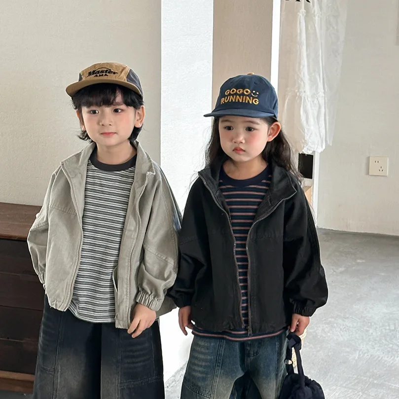 

26 Spring Autumn Cotton Children Kid Clothes Boy Girl Vintage Washed Jacket Baby Classic Daily Toddler Short Coat 2-12 Years