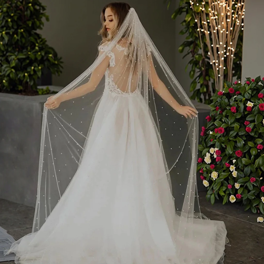 Elegancki welon ślubny z perłami i grzebieniem, akcesoria ślubne, długość 75cm/90cm/120cm/230cm/300cm
