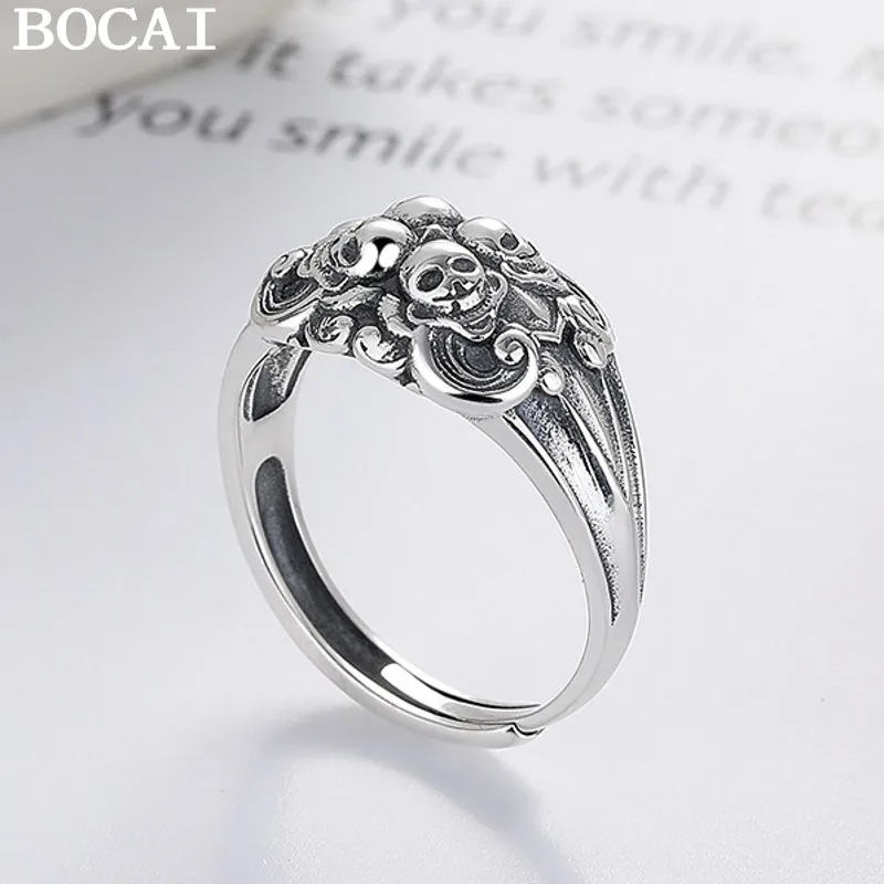 

BOCAI NEW S925 Sterling Silver Retro Fashion Exaggeration Skull Head Open Ring
