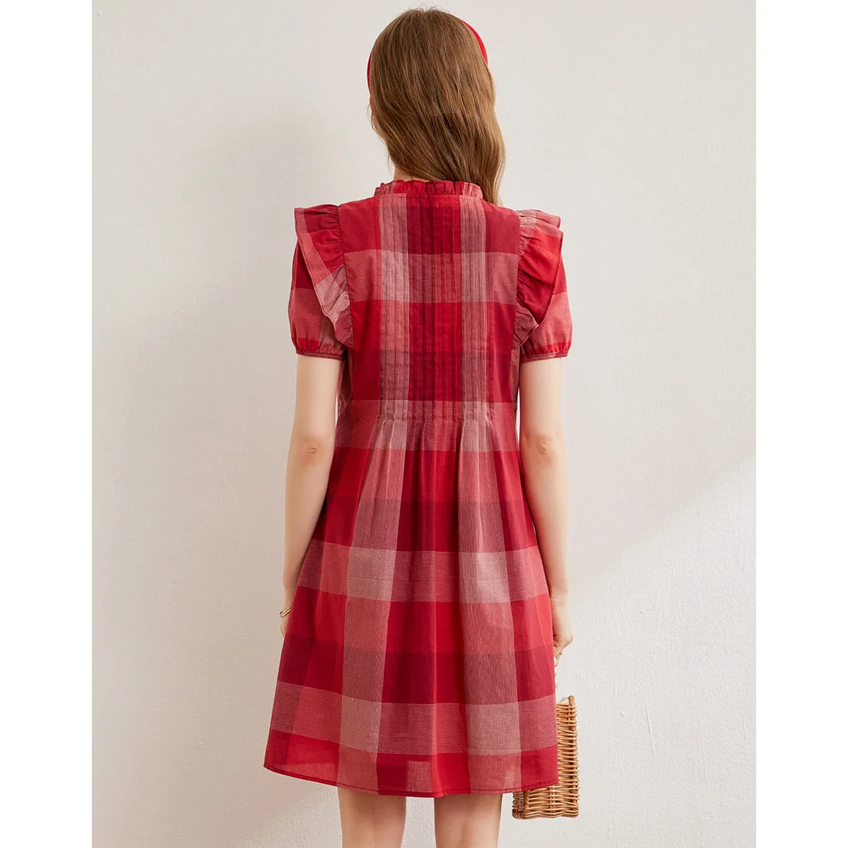 LOUIS YAO Women Cotton Dress Retro Style 2024 Summer Plaid Dress O Neck Short Sleeve Sweet Fashion Dress