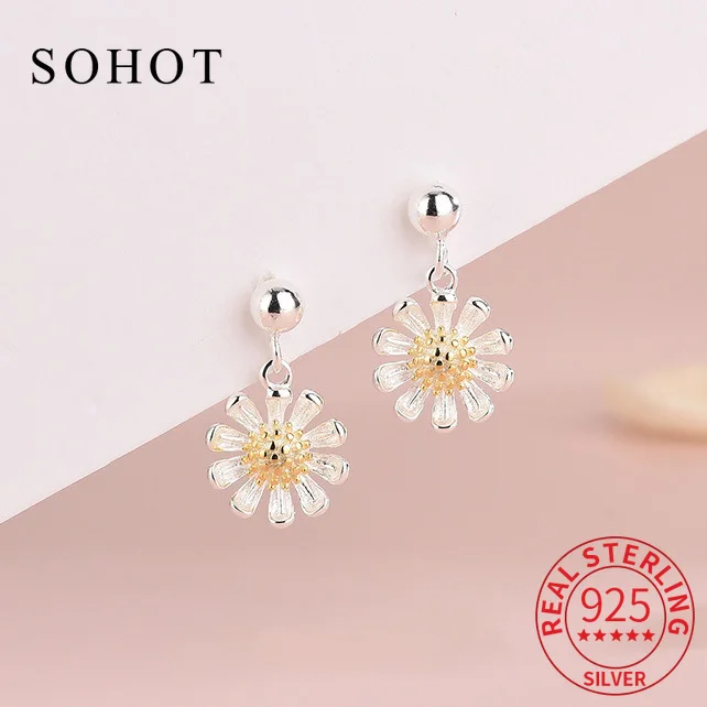 

Real 925 Sterling Silver Bead Chrysanthemum Pendant Stud Earrings for Women Minimalist Cute Fine Jewelry Plant Accessories