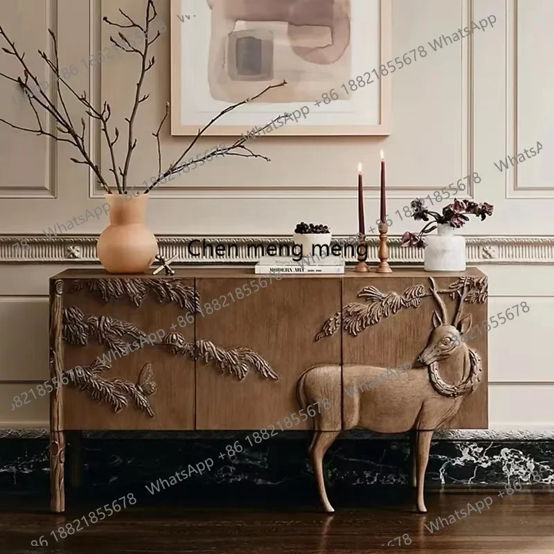 

French solid wood carving flower retro entrance cabinet American foyer dining side cabinet homestay decoration