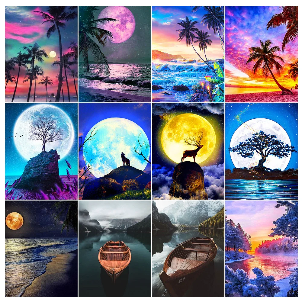 Landscape 5D Diamond Painting Kits Full Drill Diamond Mosaic Moon Coastal Lake Scape Rhinestone Embroidery Home Decor Gift