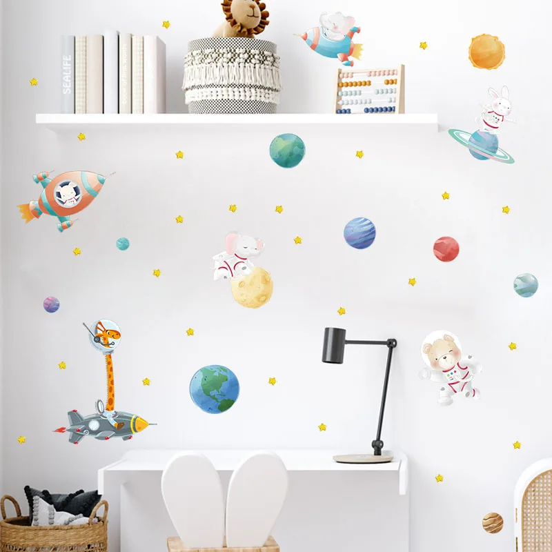 Cartoon Rocket Wall Stickers Outer Space DIY Vinyl Removable Wall Decals Art Decorations Decor for Kids Boys Playing Room Murals