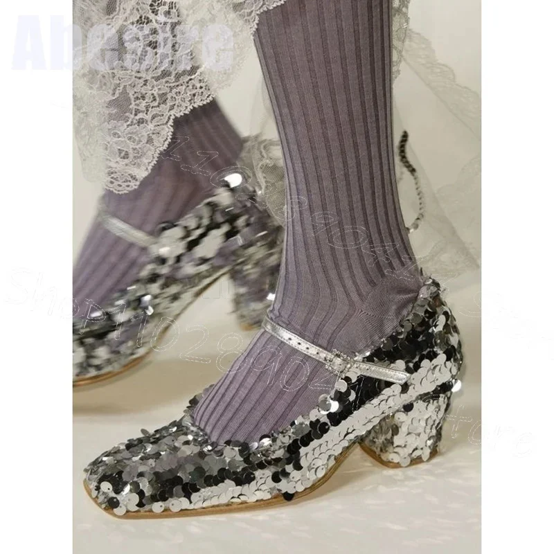 

Silver Sequins Decor Square Toe Runway Pumps Buckle Strap Women Shoes Chunky High Heels Party Banquet 2025 Zapatos Para Mujere