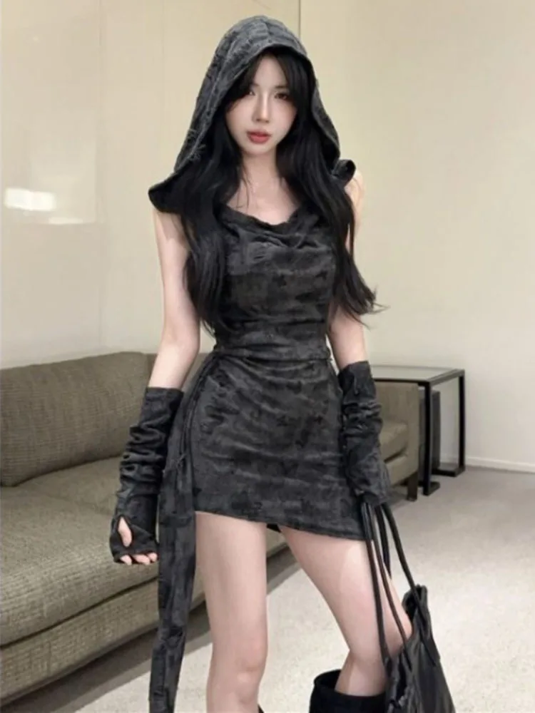 Punk Harajuku Gotico Abito con cappuccio per le donne Y2k Abiti aderenti sexy Felpa con cappuccio Abiti subculturali De Mujer Gotico scuro