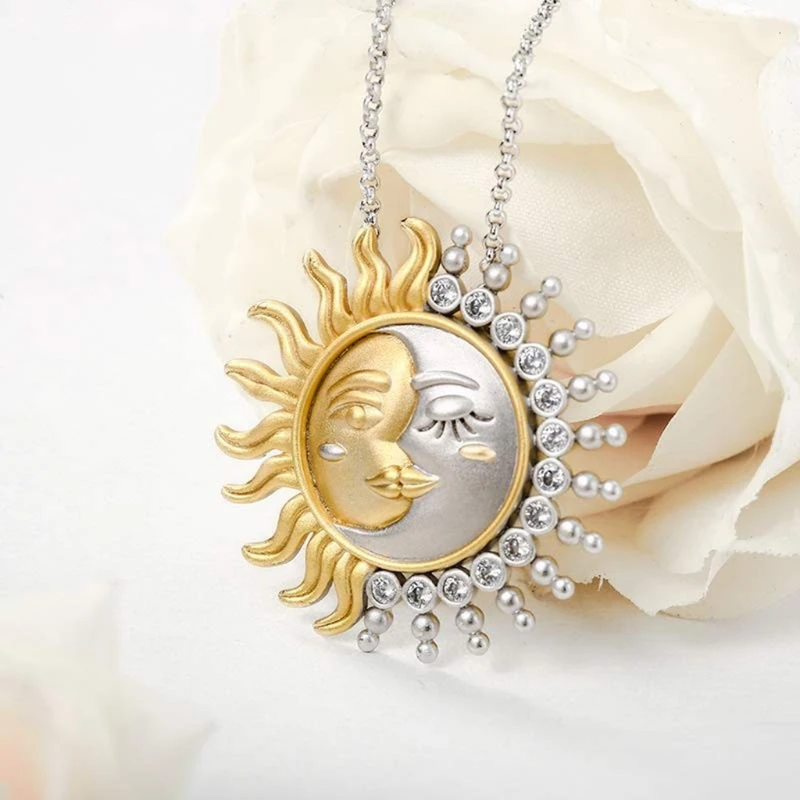 Two Tone Yellow Gold for Sun Moon Pendant Charm Necklace for Celestial Fine Jewe L21E