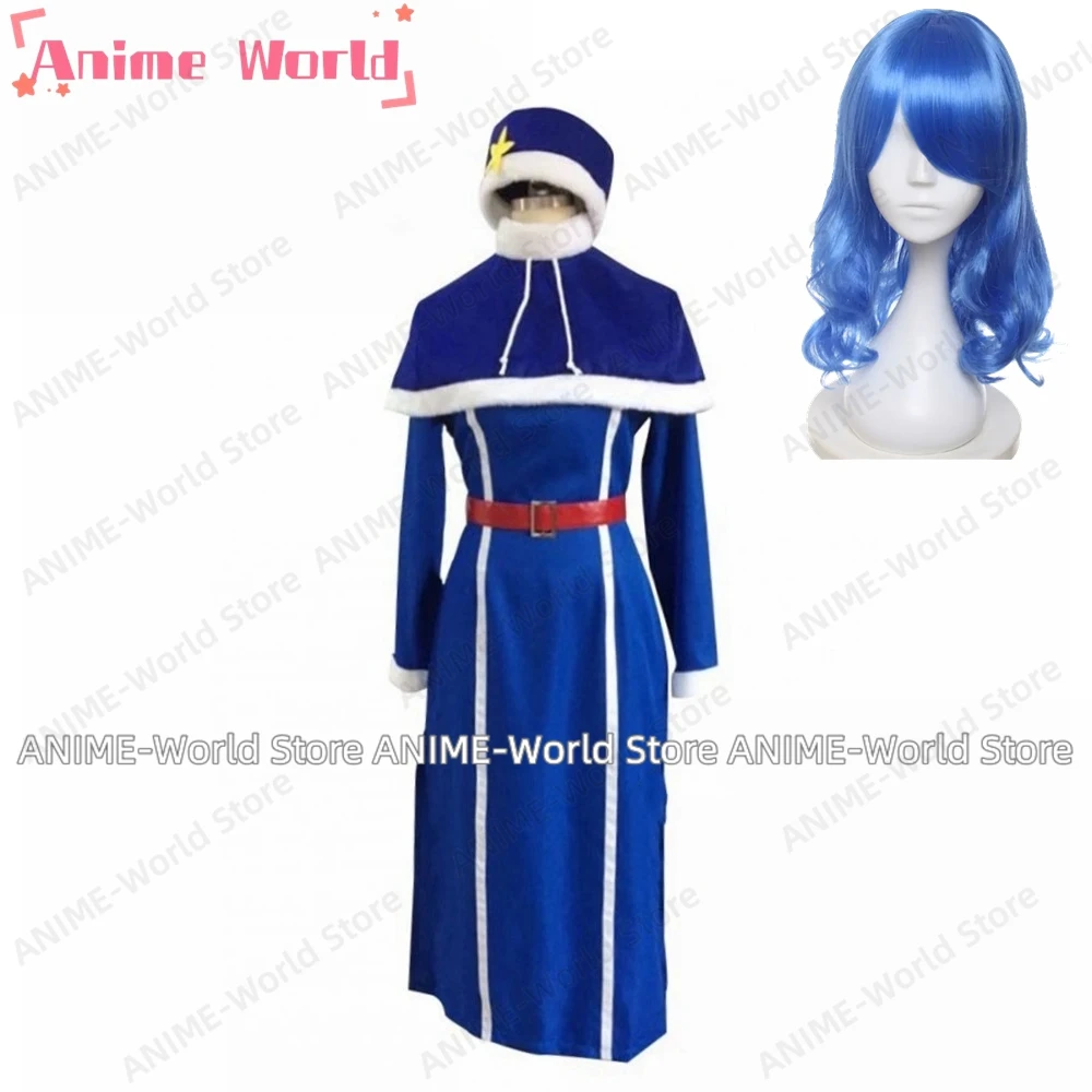 《Custom Size》Anime Juvia Lockser Cosplay Costume with Hat Woman Halloween Blue Outfit Dress Wig