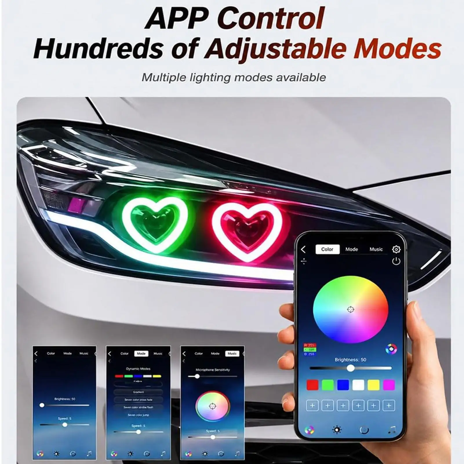 LED Headlights For Car App Control Heart Shape RGB Car Accessories Love Shape Fog Light For Truck Motorcycle RV Sedan SUV Pickup