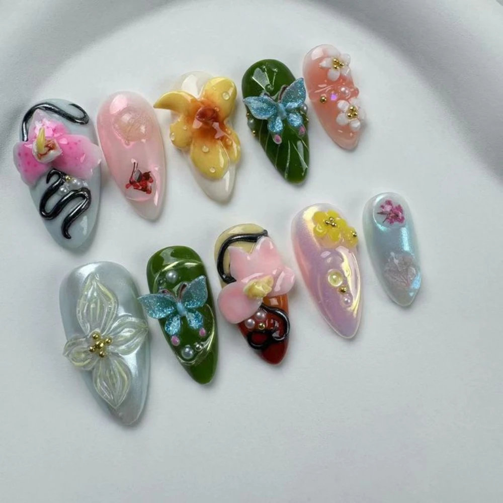 10Pcs Handmade Manicure Medium Almond Fake Nails Cute Flower Limited Nails Press On Nails Design with Adhesive Nail File Set