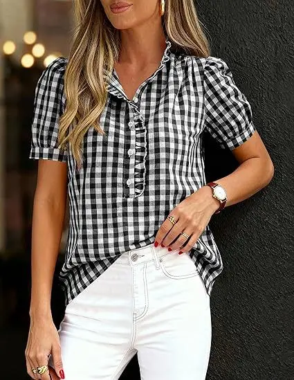 

Women's Retro Short Sleeve Plaid Button Shirt Ruffled V Neck Blouses Tops Casual Summer Shirt Tops Holiday Streetwear Lady Blusa