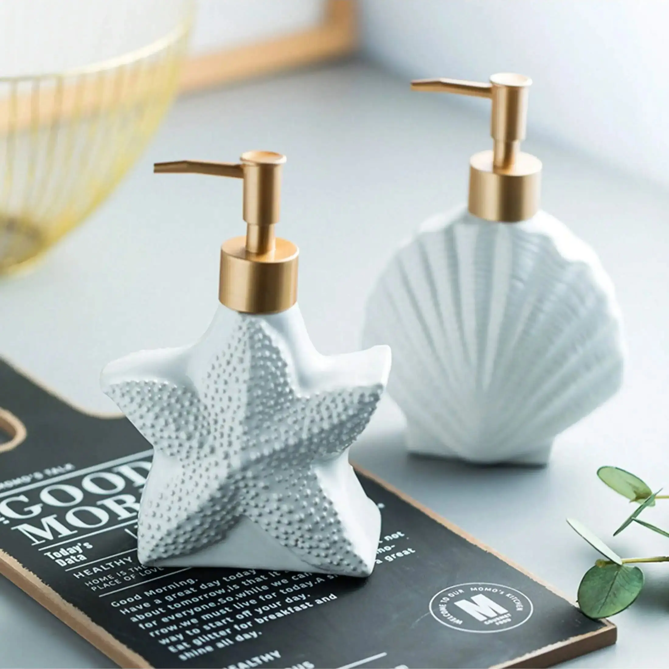 

Ceramic Soap Dispenser With Golden Matte Pump Coastal Starfish Shell Conch Design For Bathroom Sink Decor