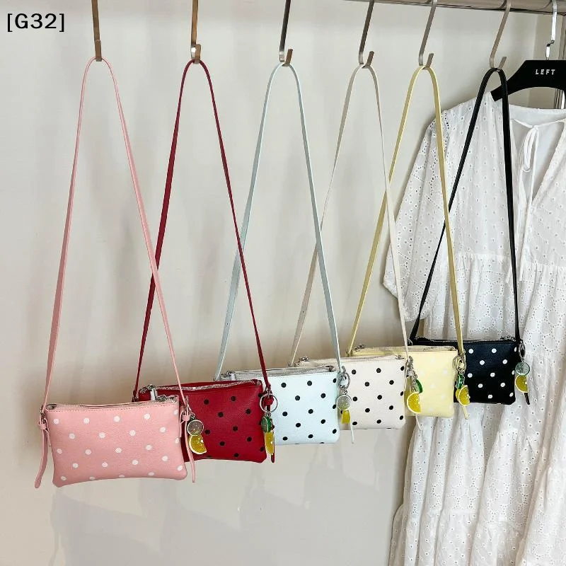 Color PU Leather Crossbody Bag Black Polka Dot Print Cute Fruit Charm For Daily Shopping Dating Casual Trips[G32]