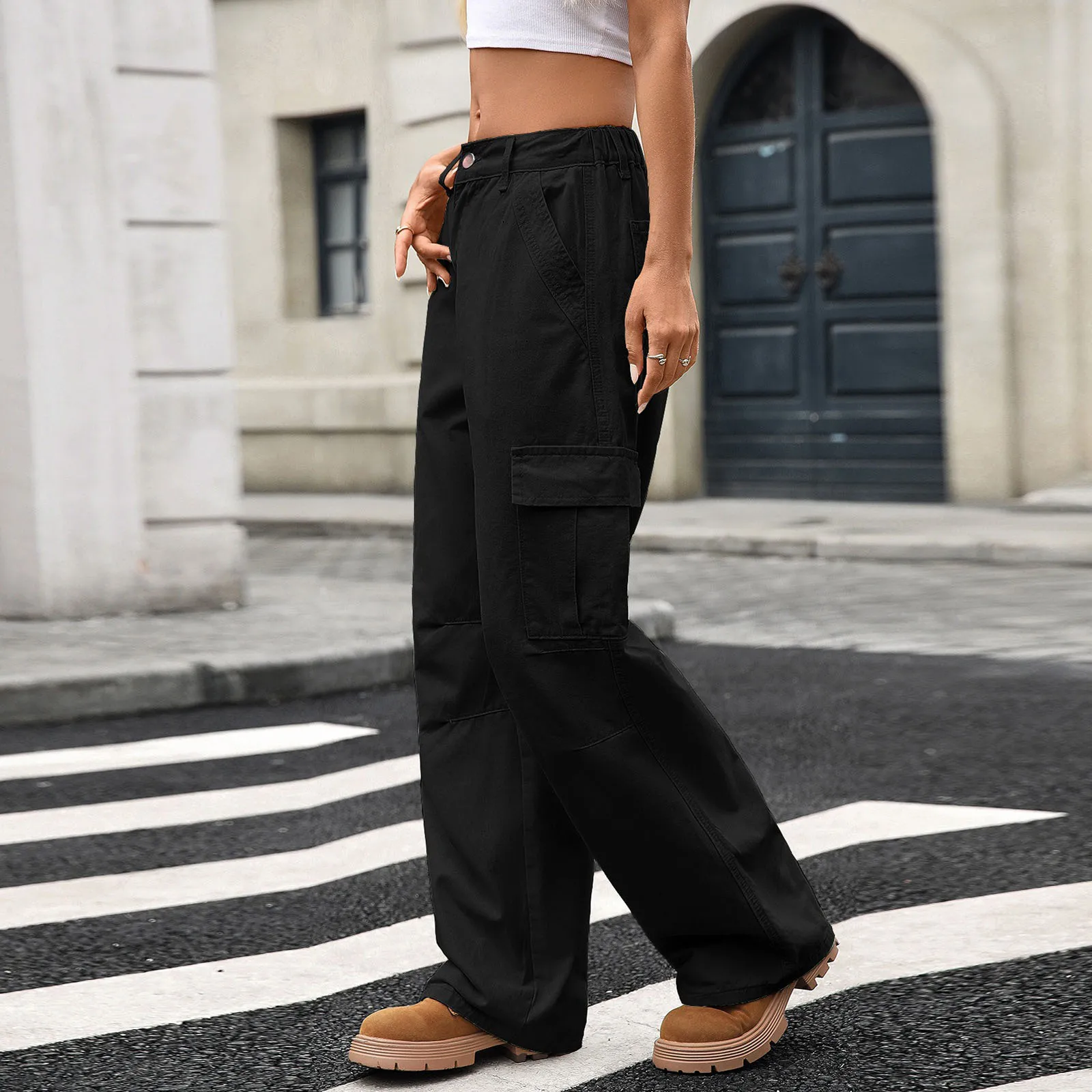 Women's Solid Cargo Denim Pants Lightweight Mid Waist Loose Wide Leg Jeans Trousers