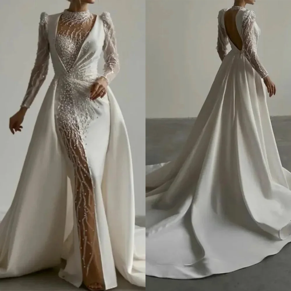 Robe de Mariée Sirène Blanche à Col Rond, Paillettes Appliquées, Plissées, Dos aux, pour Patients, Personnalisée