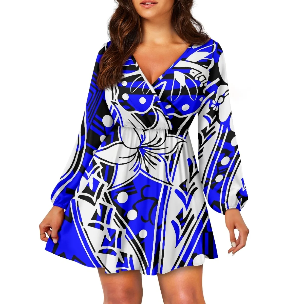 

High Quality Fashion Handmade Tribal Tattoo & Monoi Flower Sundress V Neck Dress Elastic Waist Custom Long Sleeve Dress