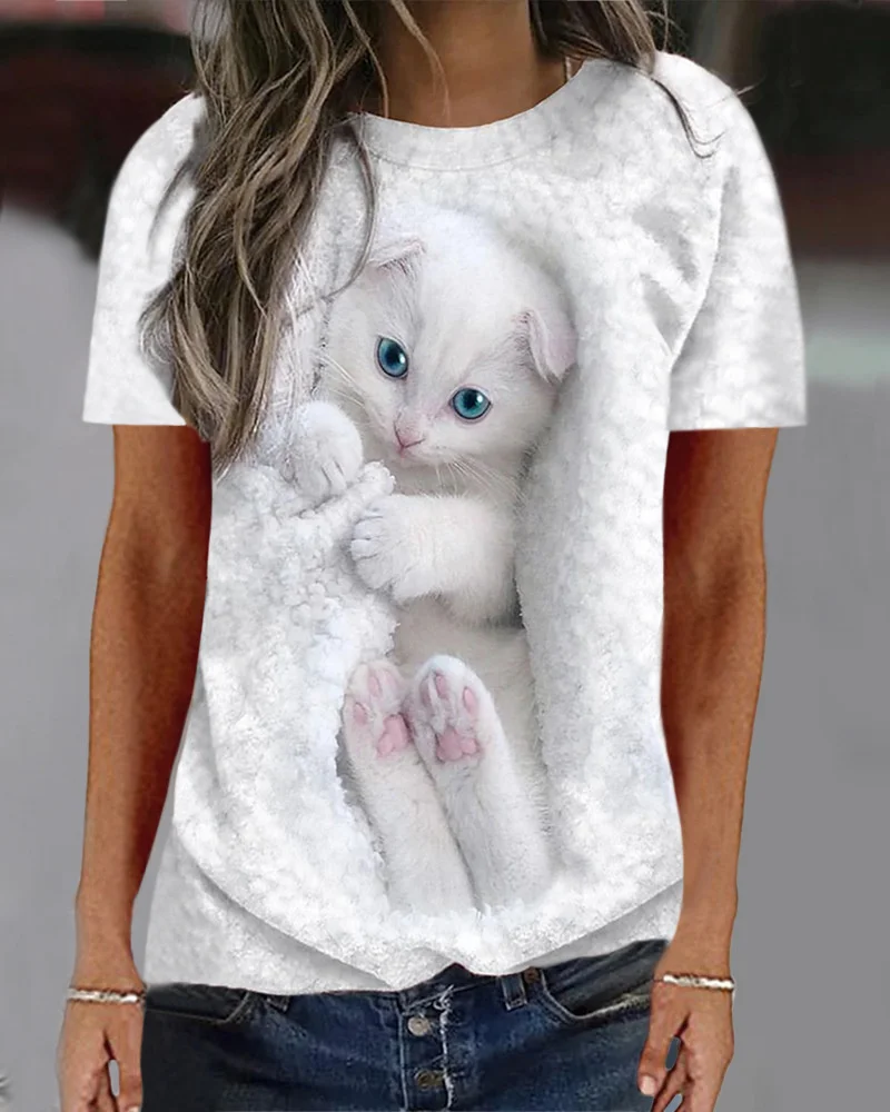 

Summer Cute Cat 3D Print T-Shirt Women O Neck Pullover Short Sleeve Loose Tees Female Korean Version Comfortable Casual Tops 5XL