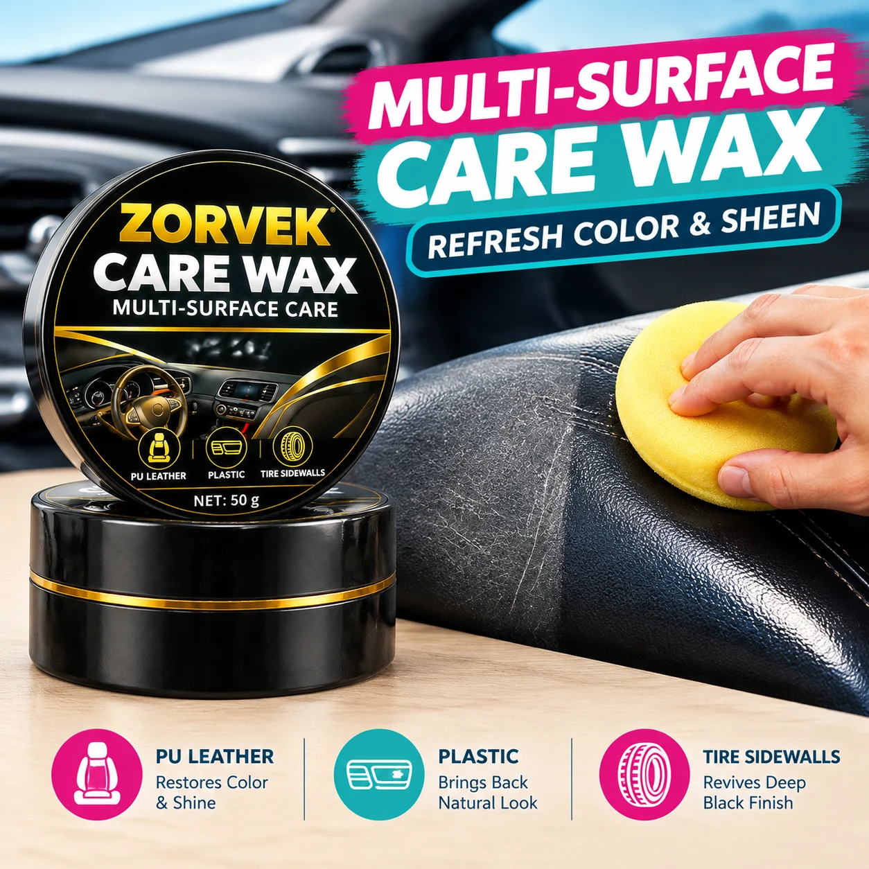 ZORVEK Multi-Surface Care Wax 50g, Car Interior PU Leather Plastic & Tire Sidewall Polish