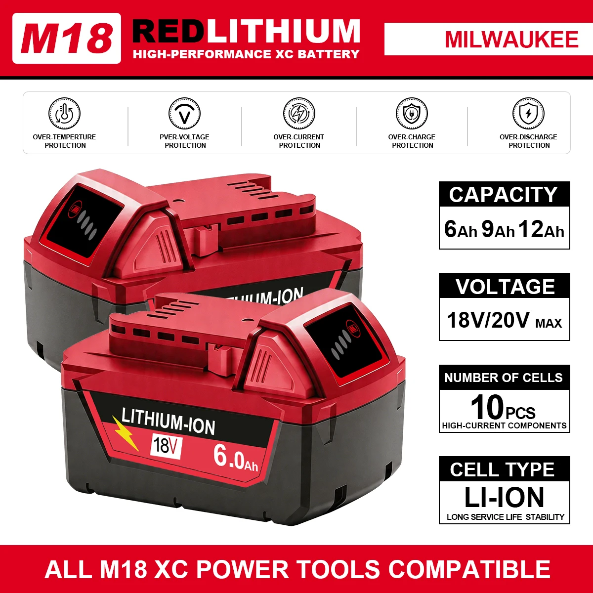 

For Milwaukee M18 6.0Ah 12.0Ah Battery and Charger Kit XC Replacement for 48-11-1860 M18B5 18V Li-ion Cordless Power Tool 18650
