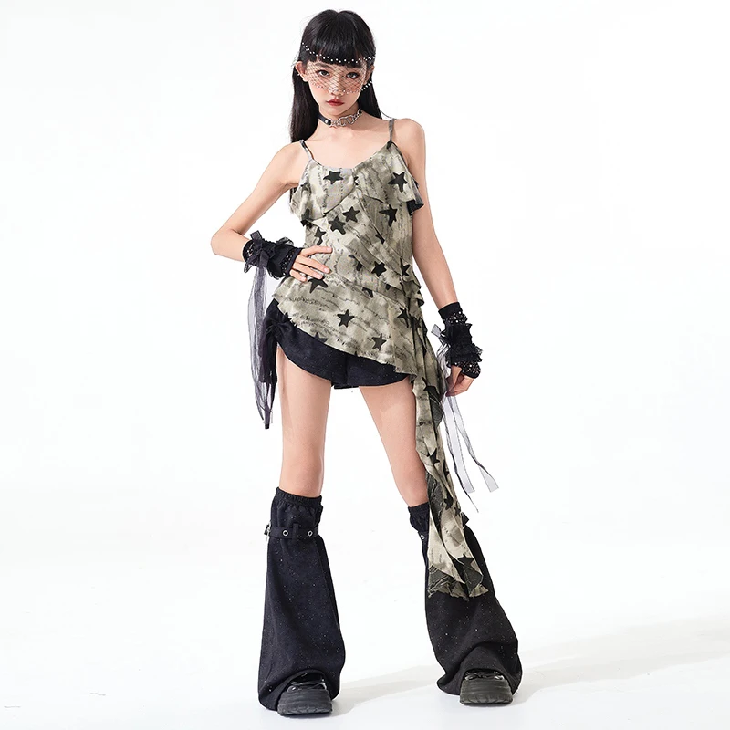 Neue Kpop Dance Bühne Kostüm Mädchen Jazz Leistung Outfit Sling Top Schwarz Shorts Kinder Mode Kleidung Street Dance Tragen AMY2235