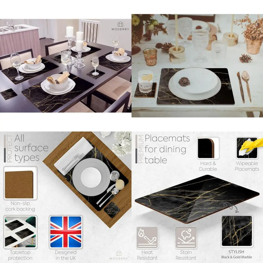 

Набор из 4 термостойких мраморных пробковых подставок для стола с подходящими подставками для напитков, 16x12 дюймов, черный и золотой цвета