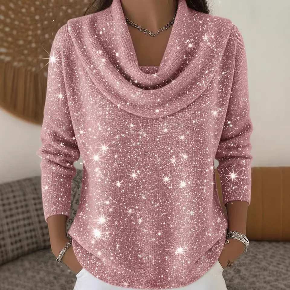 

2026 European American Solid Color round Neck Long Sleeve T-Shirt Shiny Silver Wire Loose Top Pullover Fashion Trend