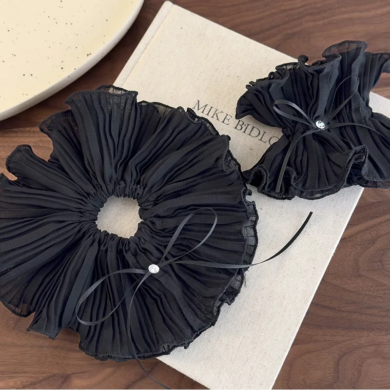 

Black Tulle Bow Rhinestone Scrunchie Retro Large Double Layer Premium Hair Tie Elastic Ponytail Holder for Women Daily Wear