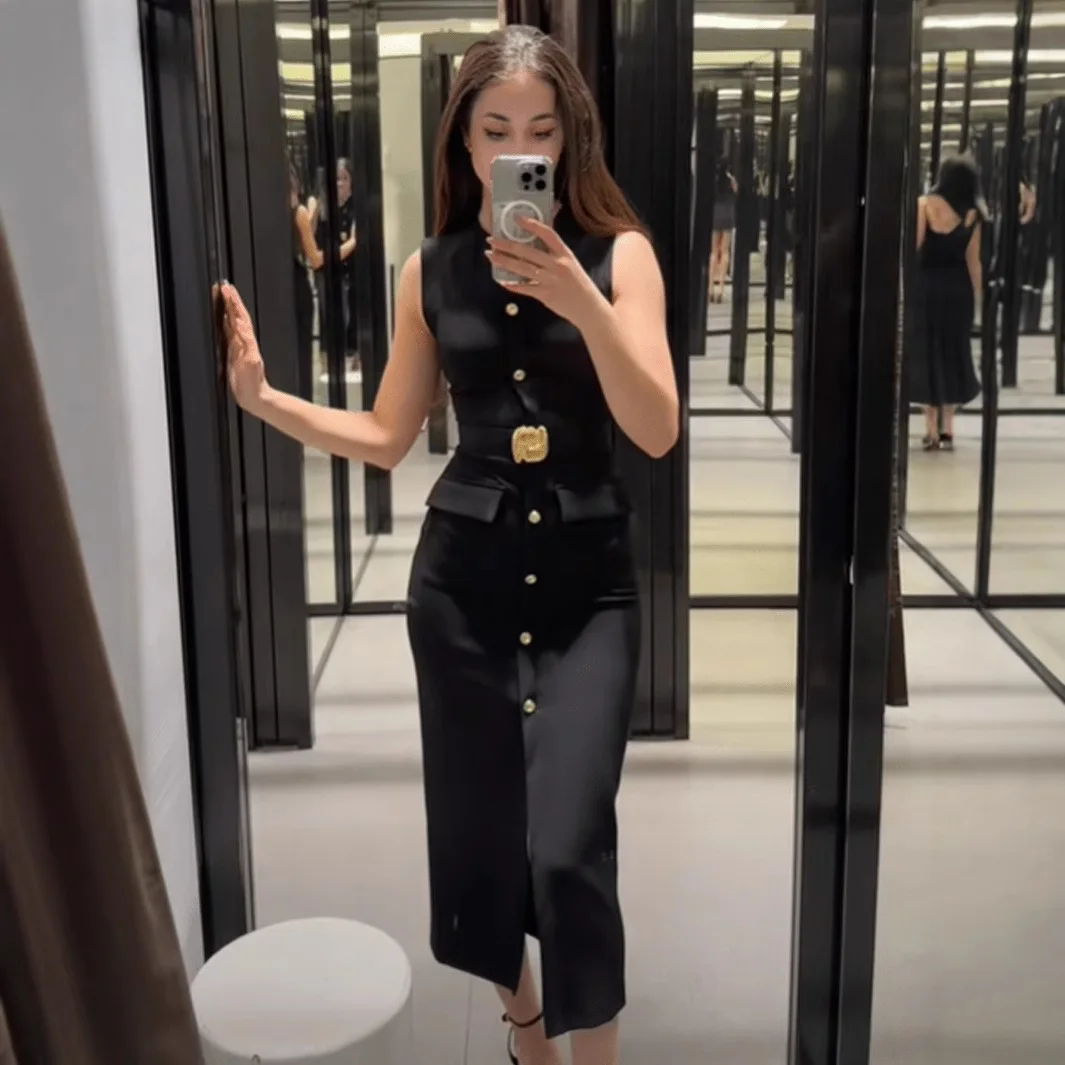 

2025 Summer New Women's Black Elegant Long Dress with Belt Women's Slim Single-breasted Sleeveless Dress with Front Split