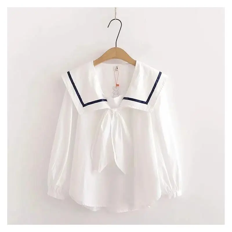 

Fashion Cotton Blend Women Long Sleeved Blouse Spring Summer Casual Doll Neck Loose Solid Color Stand Up Collar Tie Blouse