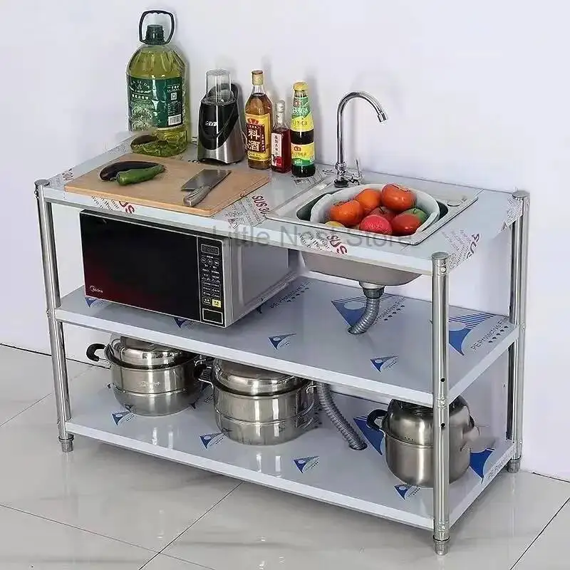Steel Commercial Storage Kitchen Sinks Stainless Kitchen Accessories Balcony Garden Wash Basin with Bracket Three-tier Sink Rack