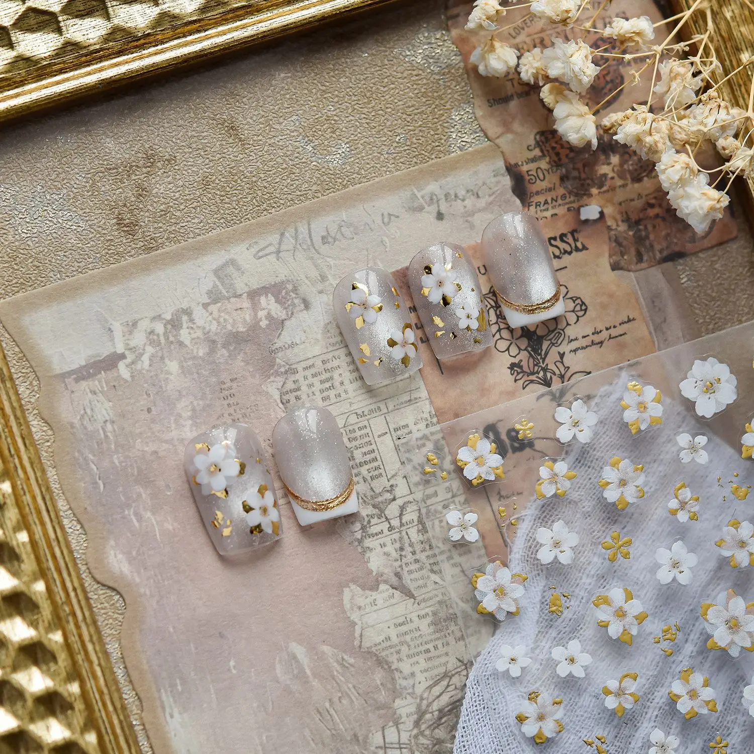 5D Relief Gold Foil White Flower Nail Sticker Self-adhesive Metal Petal Nail 3D Art Decorations Stickers DIY Manicure Accessory