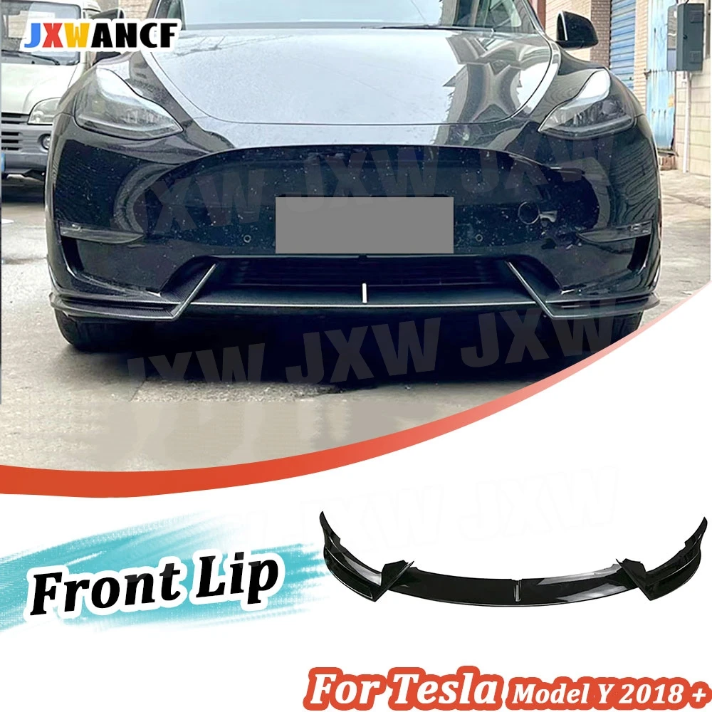 

JXWANCF 3Pcs/Set ABS Carbon Look Car Front Bumper Lip Spoiler for Tesla Model Y 2018 + Gloss Black Head Bumper Chin Spoiler