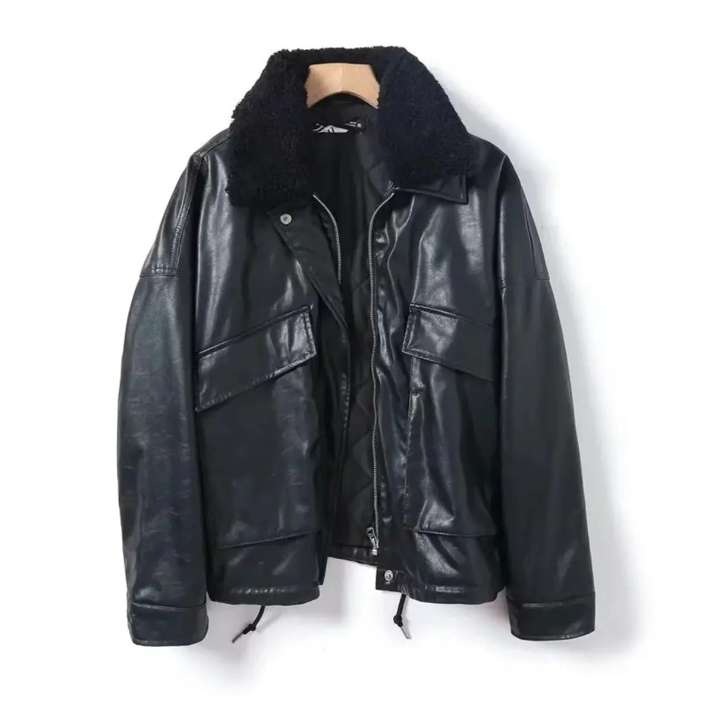 سترة TAOP & النسائية فضفاضة ذات طية صدر السترة وأكمام طويلة من الفرو الصناعي PU على الطراز الأوروبي والأمريكي لخريف/شتاء ملابس خارجية جديدة