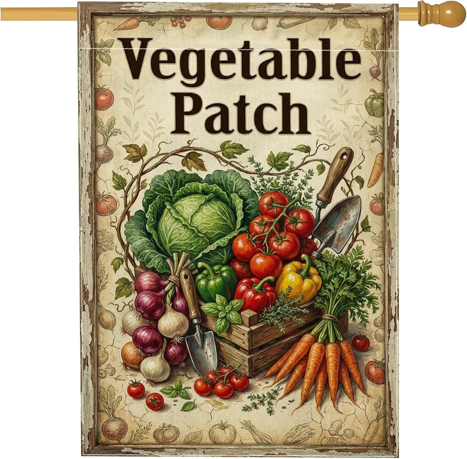 Cabbage House Flag, Rustic Vintage Tomatoes Carrot Harvest Green Burlap Double Sided Outside Large Garden Flag for Outdoor L IIC