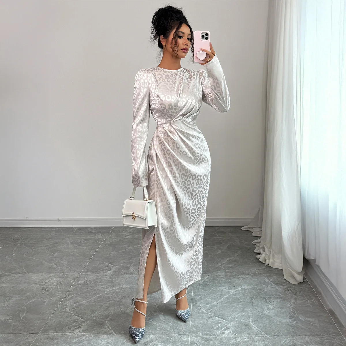 Vestido Longo E de Manga Longa F, Versátil e Moderno, Estilo Qipao de Cintura Alta, Vestido sso para Outono/...