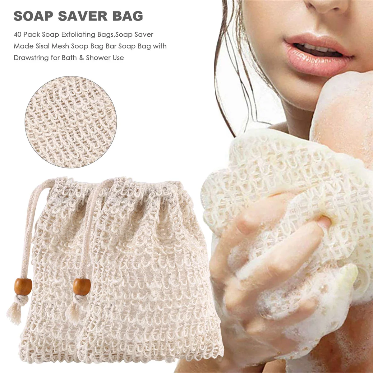 BVBV 40 Pack Soap Exfoliating Bags,Soap Saver Made Sisal Mesh Soap Bag Bar Soap Bag with Drawstring for Bath & Shower Use