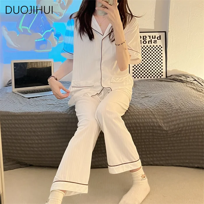 DUOJIHUI Two Piece Simple Casual Home Pajamas for Women Summer Ins Chicly Button Cardigan Basic Pant Fashion Female Pajamas Sets