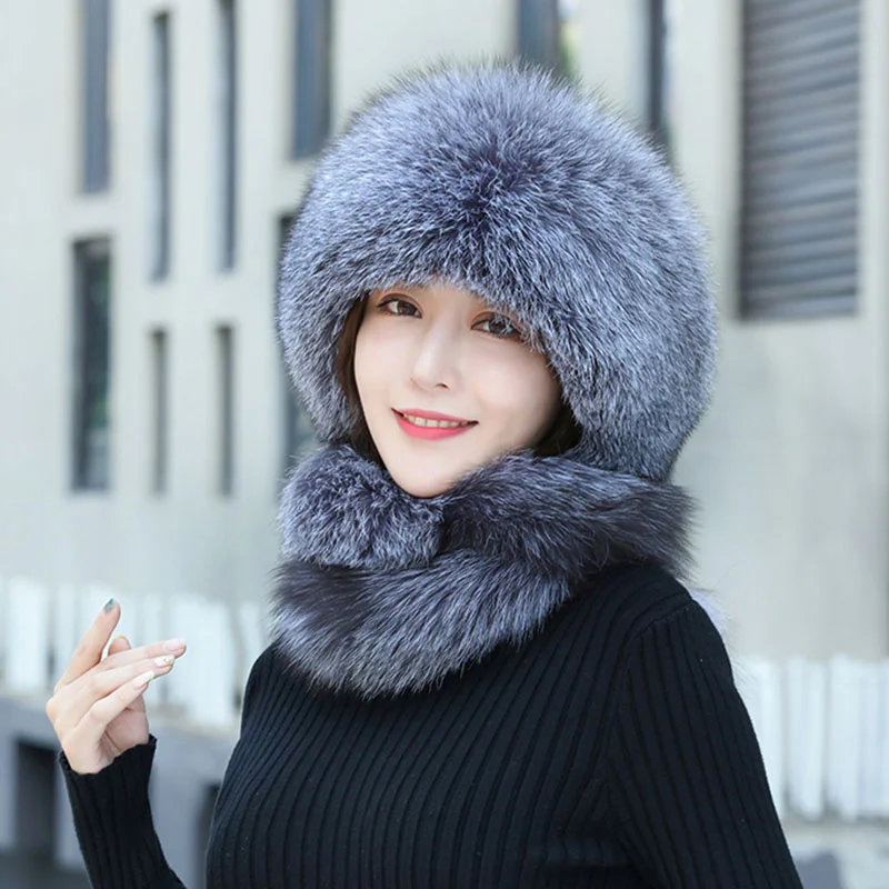 2022 100% Real Fur Winter Hat Scarf Fox Hat Women Russian Ushanka Aviator Trapper Snow Ski Hat Earflap Caps Raccoon Fur Hats