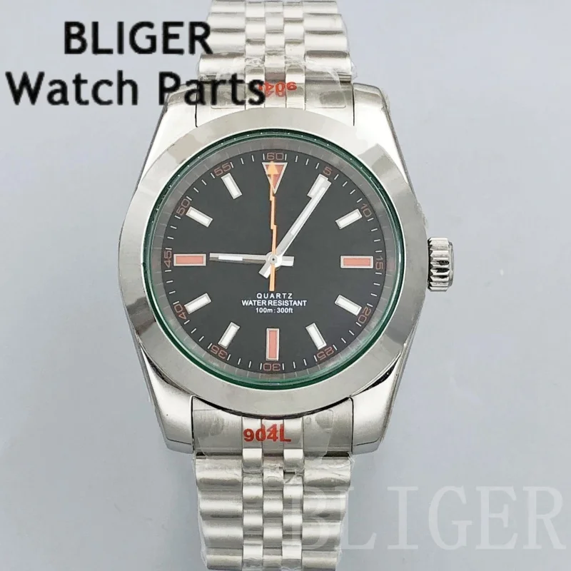 BLIGER 36 มม./39 มม.RONDA 515 นาฬิกาควอตซ์สำหรับผู้ชายกระจกสีเขียวสีส้มสายฟ้ามือสองเหล็กกันน้ำผู้ชายนาฬิกาแฟชั่น