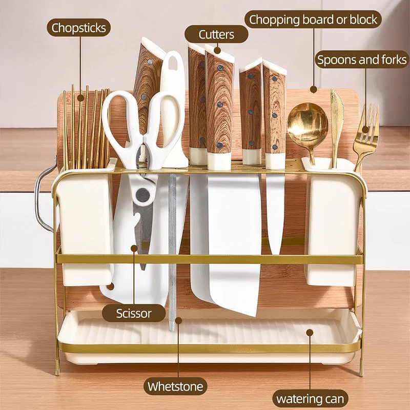 multi functional kitchen tool storage rack, equipped with knife holder, cutting board holder, pot cover holder