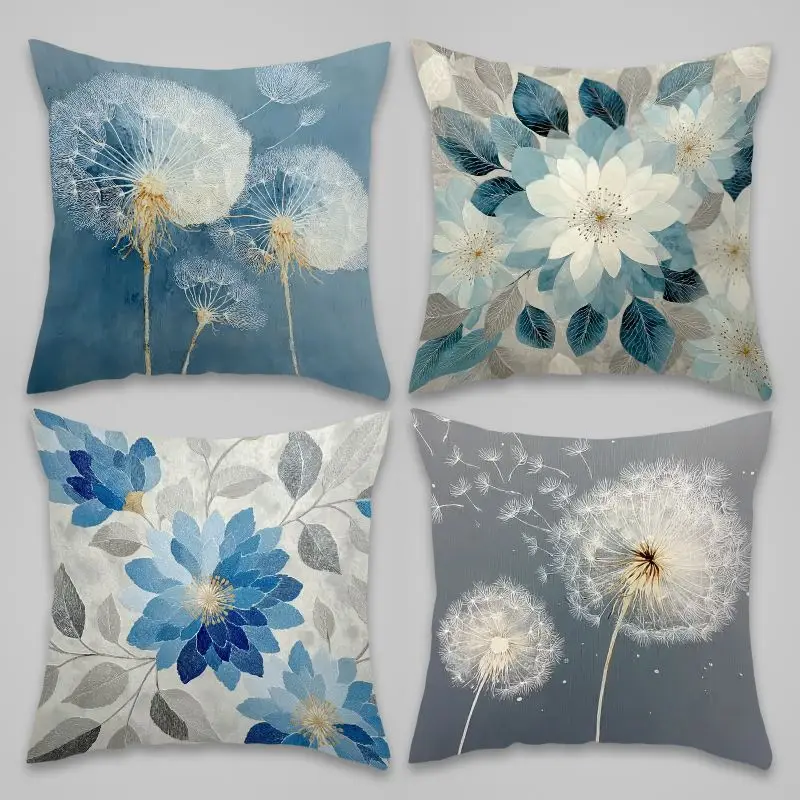 Botanical Dandelion Floral Pillowcase Set Blue Spring Watercolor Accent Throw Pillow Covers 45x45cm 4pcs Home Decor