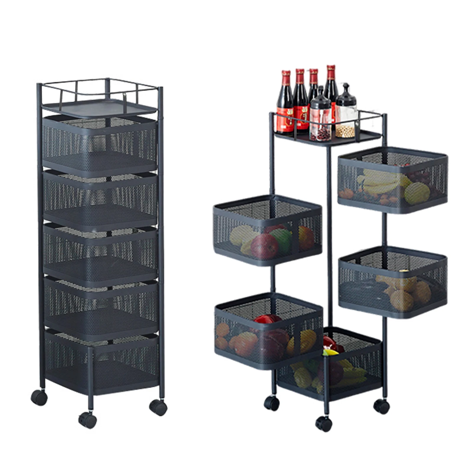 

Rotating Kitchen Storage Rack Cart, 5-Tier Removable Basket Shelf Organizer On Rolling Wheels For Kitchen Living Room Bathroom