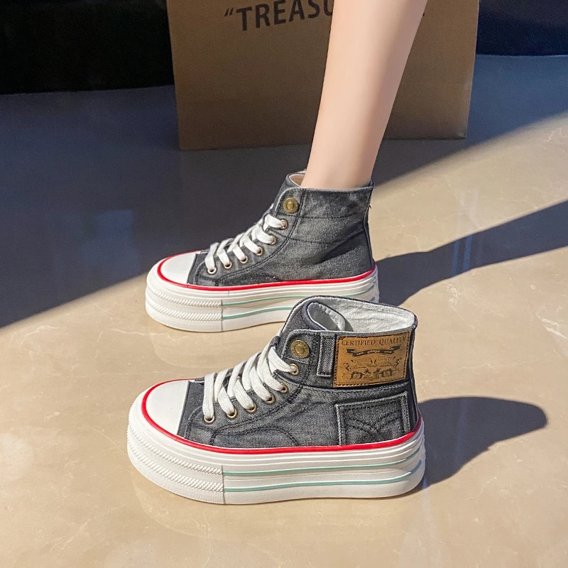 Thick-soled High-top Canvas Shoes Women 2024 New Tall Autumn Style Personality Hollow Denim Trend Sneakers Girls Platform Shoes