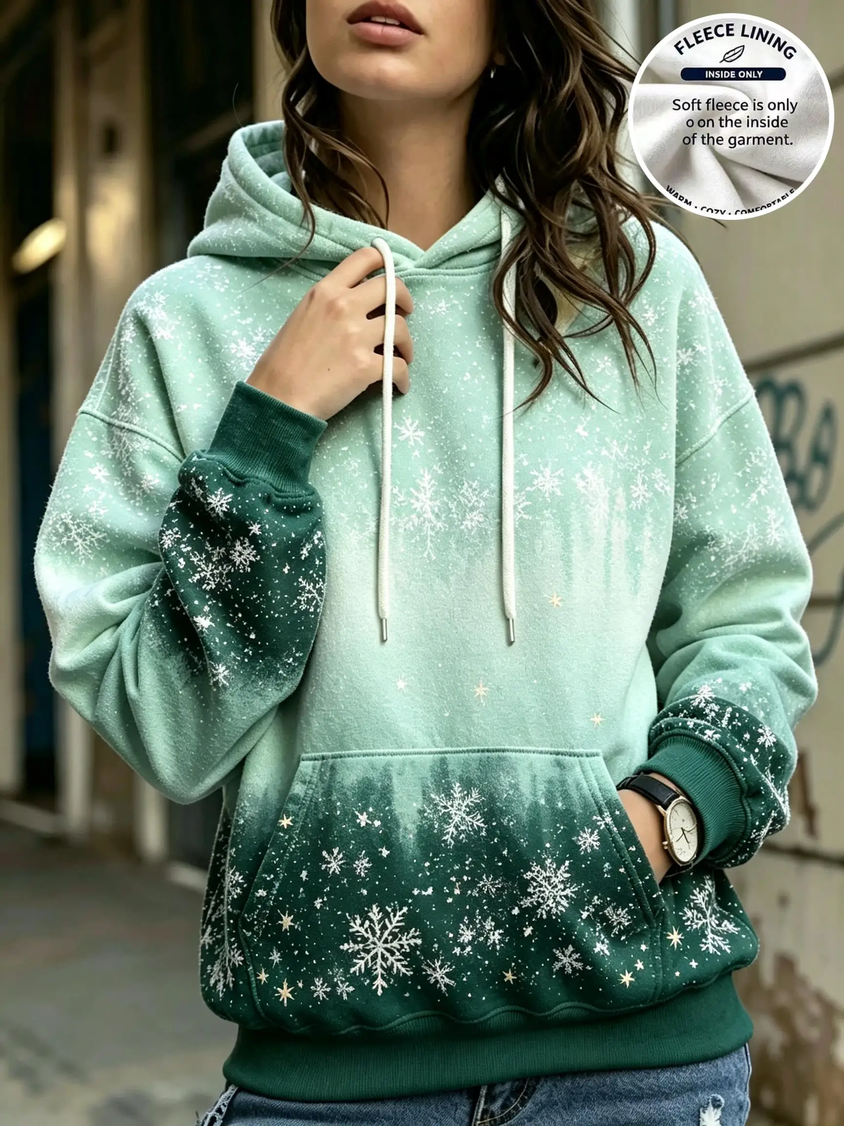 Women Christmas Gradient Light Dark Green Snowflake Star Fleece Hoodie Pocket Sweatshirt