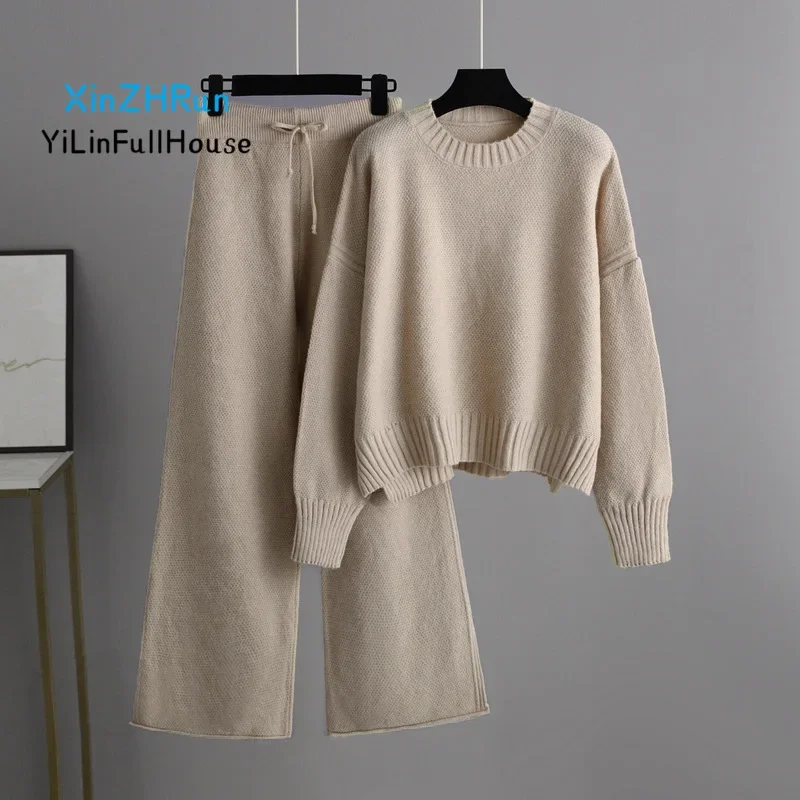 Autumn Winter Fashionable Casual Round Neck Split Long Sleeve Knitted Top Elastic Waist Strap Loose Wide Leg Pants Two Piece Set