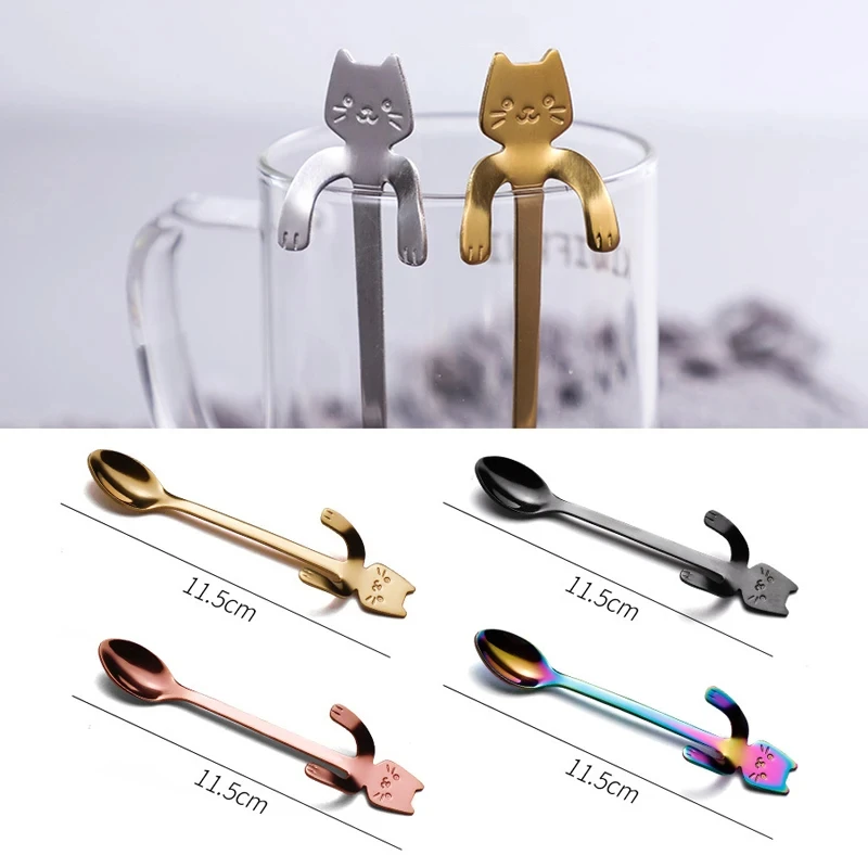 4-Pcs Stainless Steel Coffee Spoon Cute Cat Shaped Stirring Spoon Teaspoon Ice Cream Dessert Spoon Mini Hanging Cup Cat Spoon